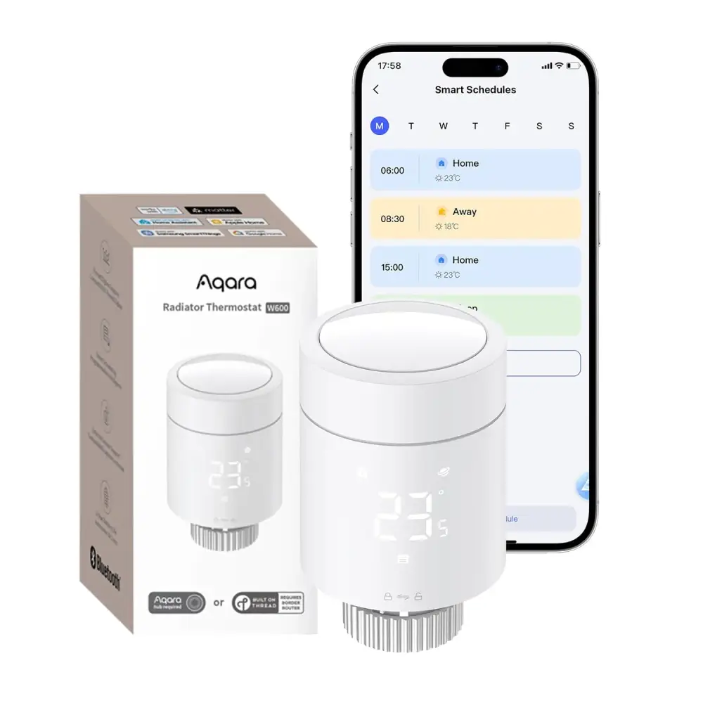Aqara Smartes Heizkörperthermostat W600, Unterstützt Zigbee/Thread, Energiesparen, Sprachsteuerung, Zeitplan, Geofencing, Kompatibel mit Apple Homekit, Home Assistant, Alexa, Google