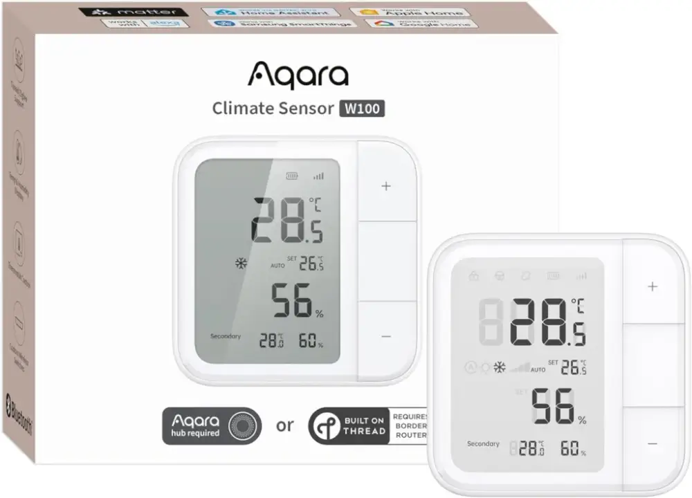 Aqara Thread/Zigbee Raumthermostat W100, Temperatur & Luftfeuchtigkeit Überwachung