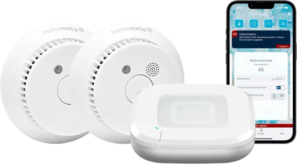 Homematic IP Access Point 2 + 2X Rauchwarnmelder mit Q-Label, Rauchmelder alarmiert lokal über die Sirene und per Push-Benachrichtigung in der Smartphone-App, integrierte LED-Notbeleuchtung