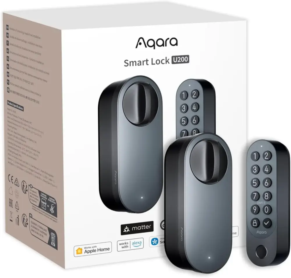 Aqara Smart Lock U200 (mit Fingerabdruck), Matter Over Thread, Smartes Türschloss mit Apple Home Key und Aufladbarem Akku, Unterstützt Homekit, Google Home, Alexa und SmartThings, Schwarz