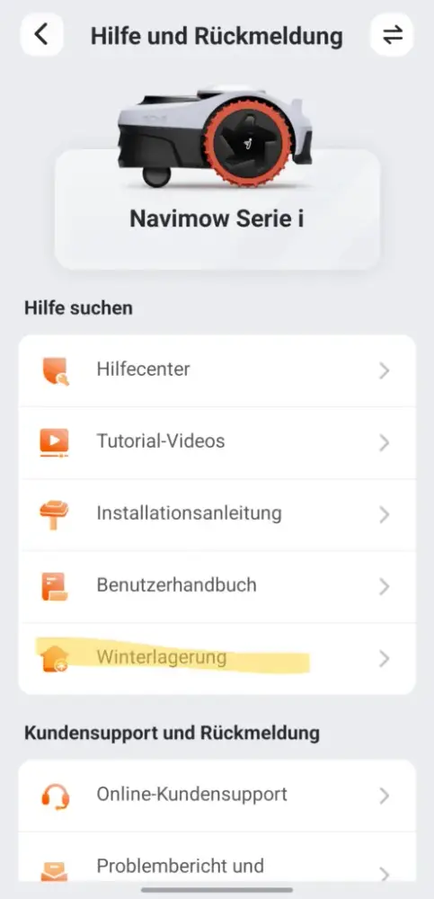 Navimow App V3.2.0 Hilfe und Rückmeldung Bildschirm