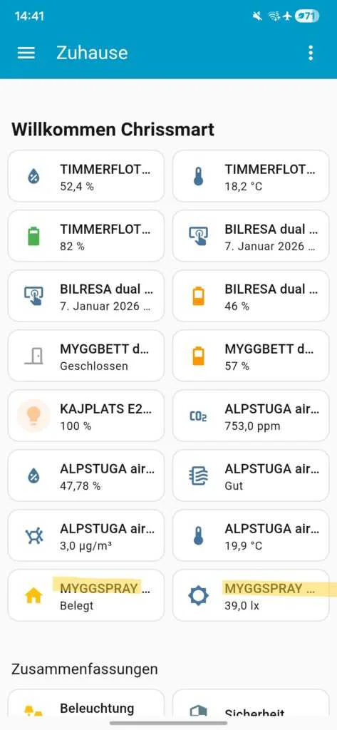 Tableau de bord de l'assistant domestique MYGGSPRAY