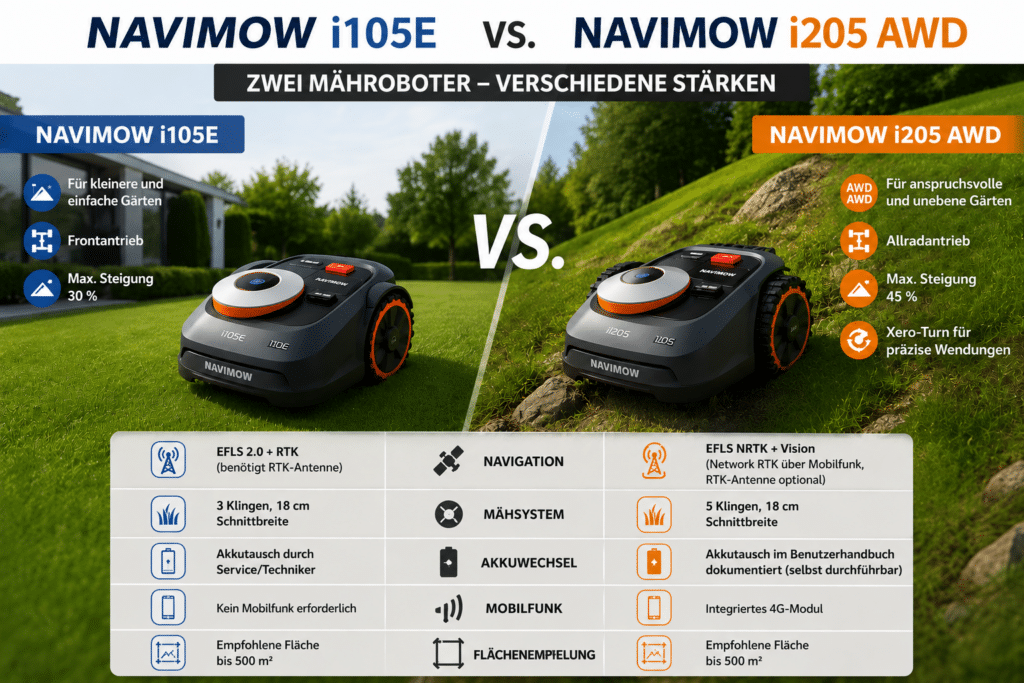 Navimow i105E vs. i205 AWD Die wichtigsten Unterschiede im Vergleich