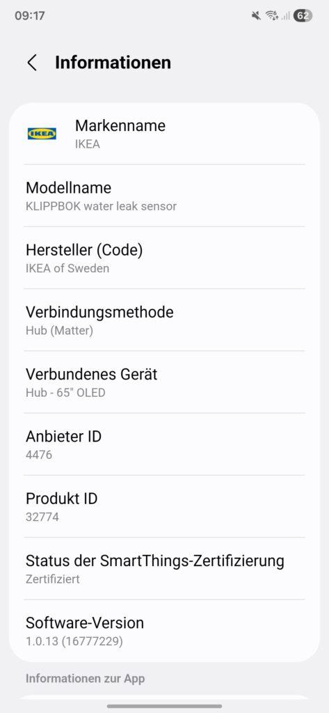 IKEA KLIPPBOK Wasserlecksensor Firmware-Update 1.0.13 in SmartThings