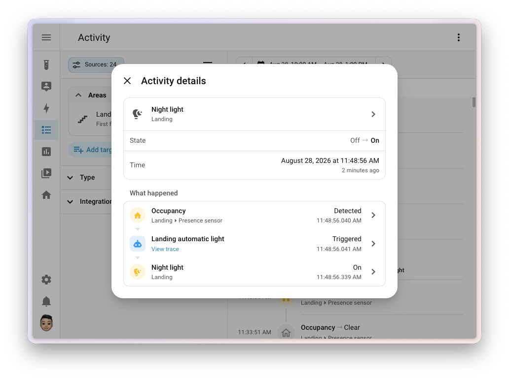 Aktivitätsdetails in Home Assistant 2026.9: Ein Präsenzsensor löst eine Automation aus, die das Nachtlicht einschaltet