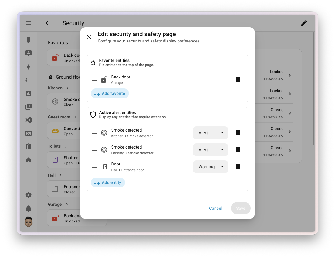 Editor des Sicherheitsdashboards in Home Assistant 2026.9 mit Favoriten sowie Warn- und Alarmstufen für aktive Hinweise